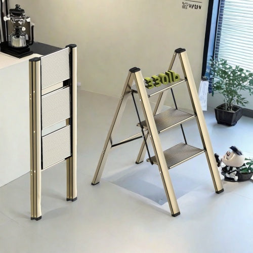 3 Step Ladder Aluminum Light Folding Step Bench Wide Non Slip Pedal 300 Lb Capacity Home Office Portable Ladder Black