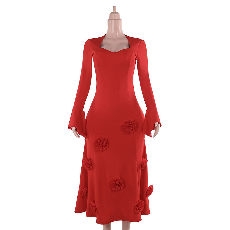 Fashion Slim Fit Peach Collar Flower Dress Women ShopWithASmile7.com
