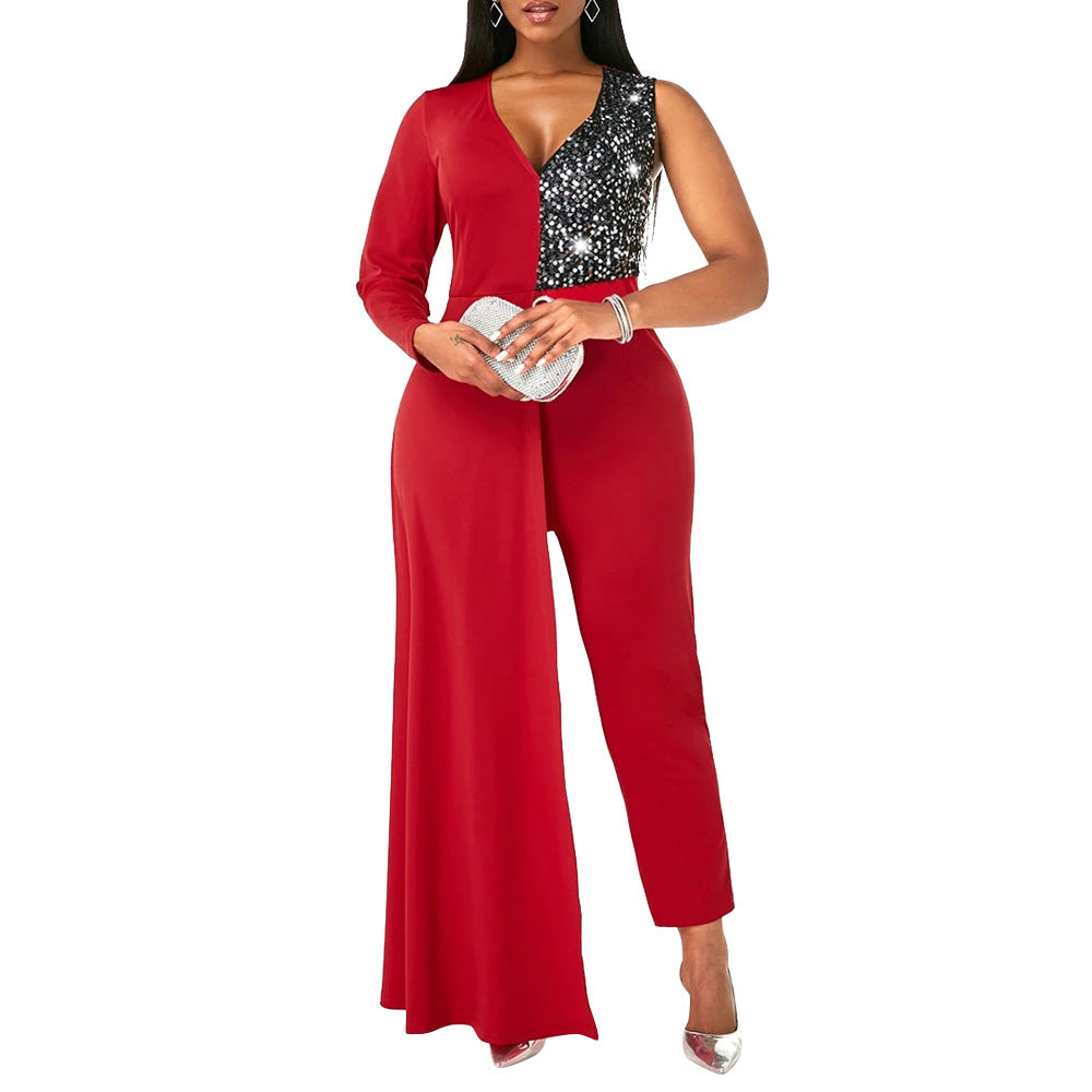 V-neck Sequin Covered Hip Plus Size Jumpsuit ShopWithASmile7.com