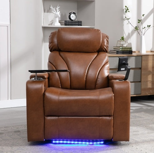 Power Motion Recliner Electric Power Recliner With USB Charging Port, Hidden Arm Storage, Convenient Cup Holder And Bluetooth Speaker, Light Brown