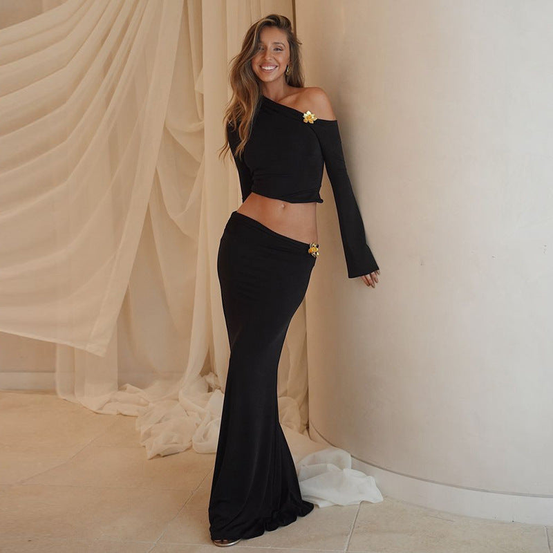 Sexy Slim Oblique Shoulder Skirt Suit With Flower Fashion Bell Sleeve Long Sleeve Top And High Waist Long Skirt Women Clothing ShopWithASmile7.com