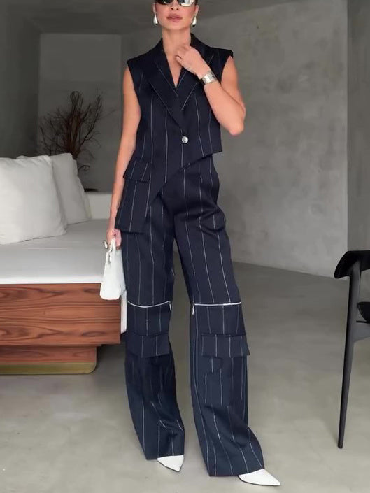 Striped Irregular Hem Top Pocket Zipper Wide Leg Pants Suit