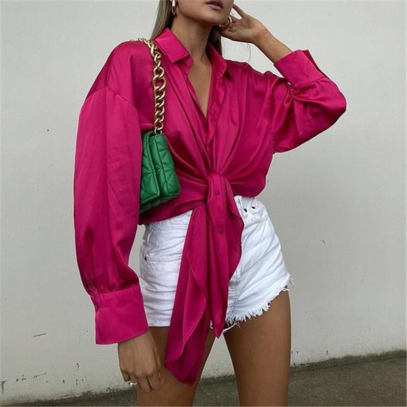 Elegant Satin Lace-up Long-sleeved Casual Fashion Loose Top ShopWithASmile7.com