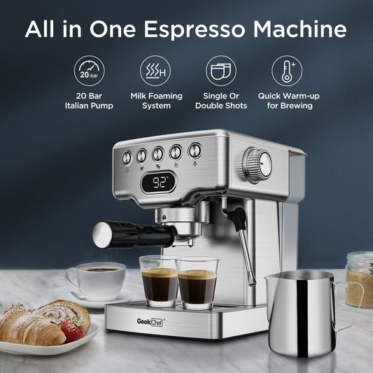 Geek Chef Espresso Machine, 20 Bar Espresso Machine With Milk Frother For Latte, Cappuccino, Macchiato, For Home Espresso Maker, 1.8L Water Tank, Stainless Steel, Ban On Amazon ShopWithASmile.com