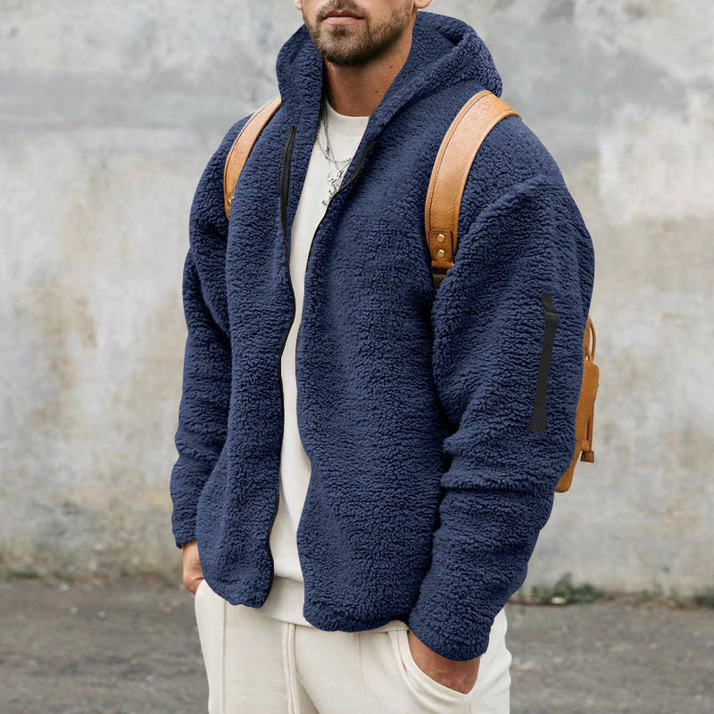 Plush Hooded Jacket Men's Autumn And Winter Fleece Double-sided Wear Warm Coat With Zipper Loose Casual Jacket Outdoor Clothing ShopWithASmile7.com