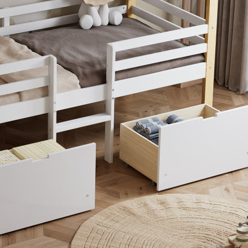 Wooden Bed, Children S Bed, 3ft Single Bed 90x190cm, MDF Pinewood Plywood, Safety Guardrail, Two Storage Drawers With Wheels,Roof Shape, White Natural