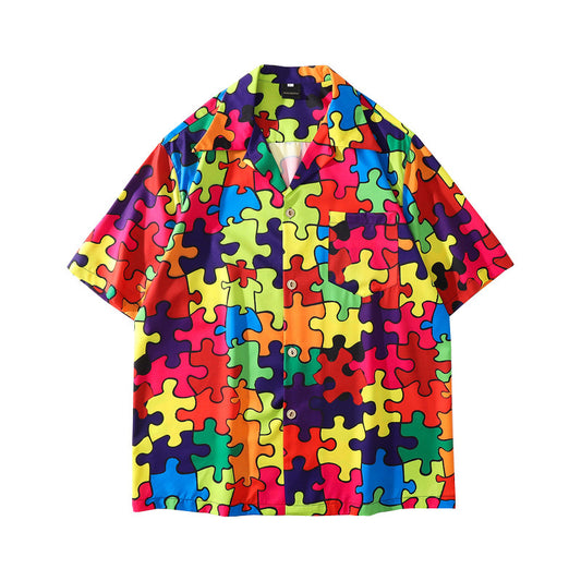 Retro Puzzle Color Print Short-sleeved Shirt