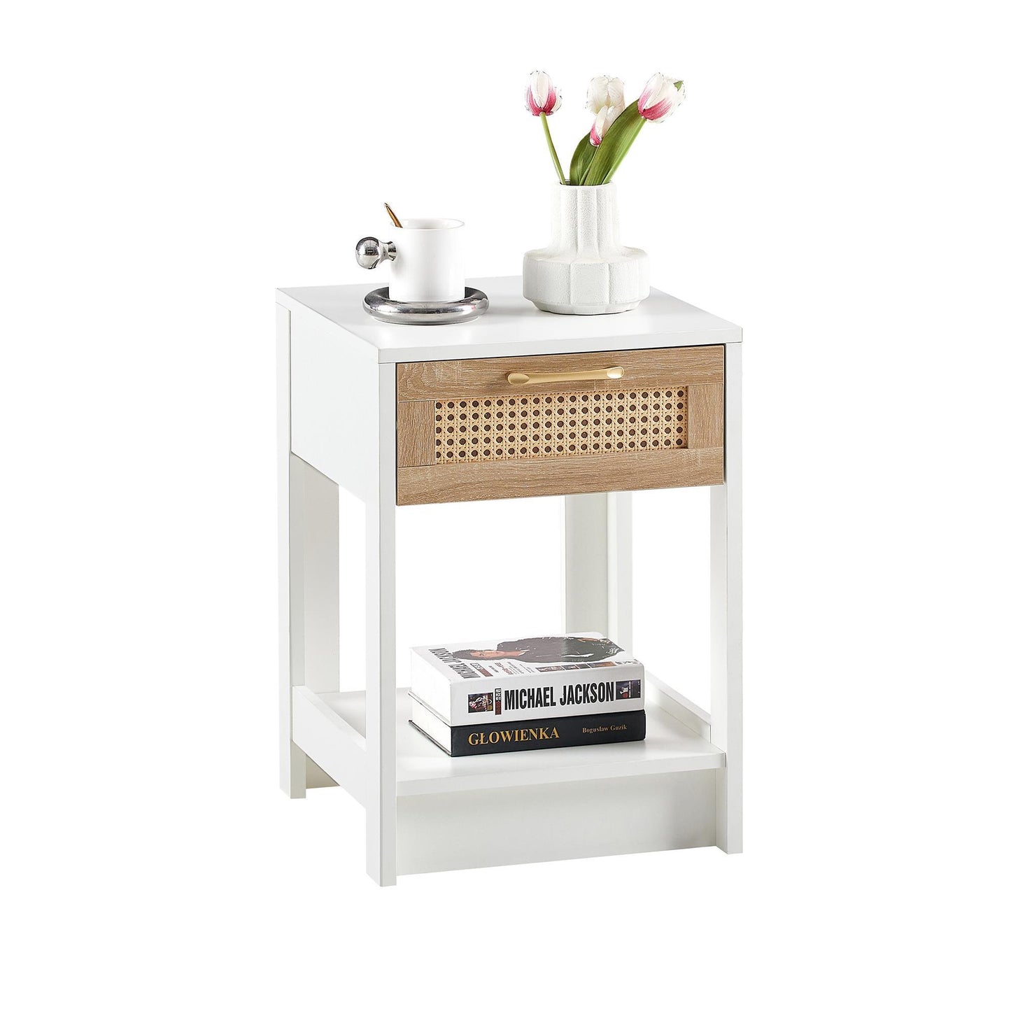 15.75-Inch Rattan Side Table with Drawers – Modern Bedside Table for Living Room or Bedroom, White