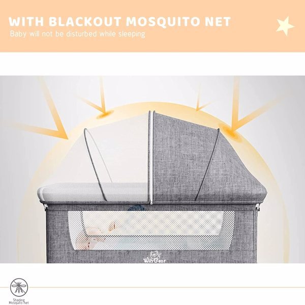 3-in-1 Bedside Crib With Mosquito Net, Large Storage Bag, Comfortable Mattress With Lockable Wheels, Grey ShopWithASmile7.com