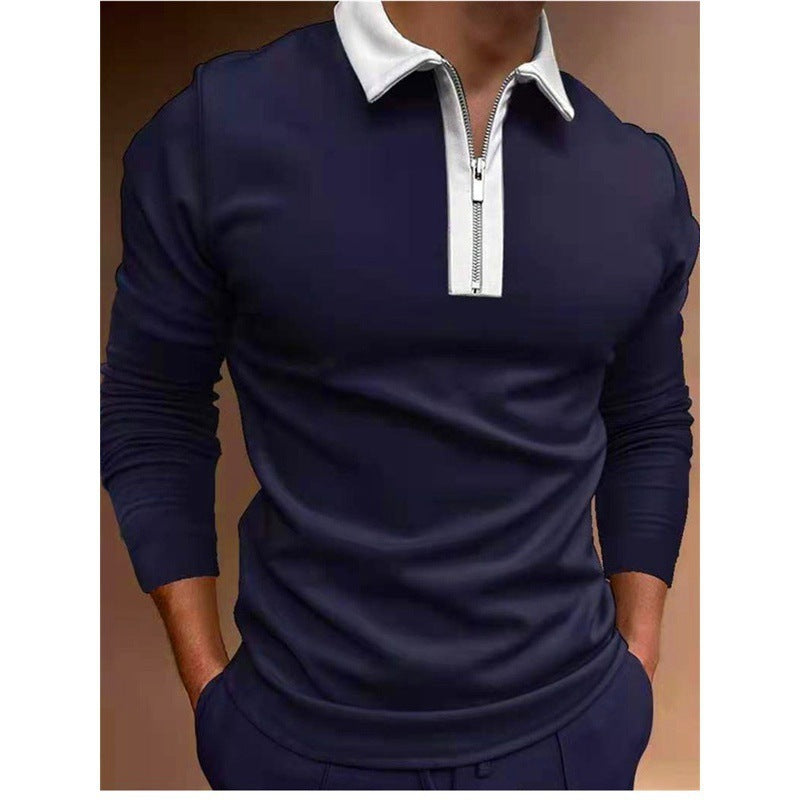 European And American Men's Zipper Stitching Lapel T-shirt
