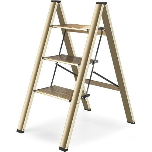 3 Step Ladder Aluminum Light Folding Step Bench Wide Non Slip Pedal 300 Lb Capacity Home Office Portable Ladder Black