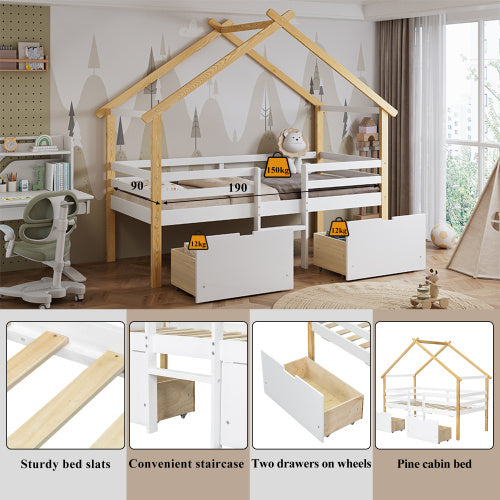 Wooden Bed, Children S Bed, 3ft Single Bed 90x190cm, MDF Pinewood Plywood, Safety Guardrail, Two Storage Drawers With Wheels,Roof Shape, White Natural