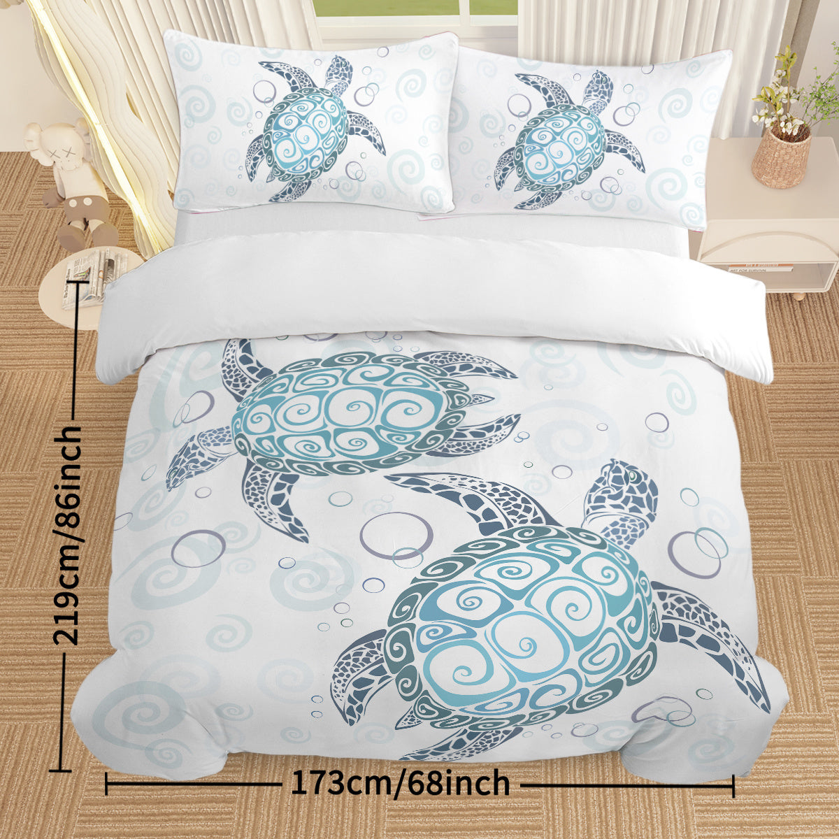 Three Piece Self-produced Bedding Set ,duvet Cover, Pillowcase Back White, Ten Grid Turtle, American Small Size