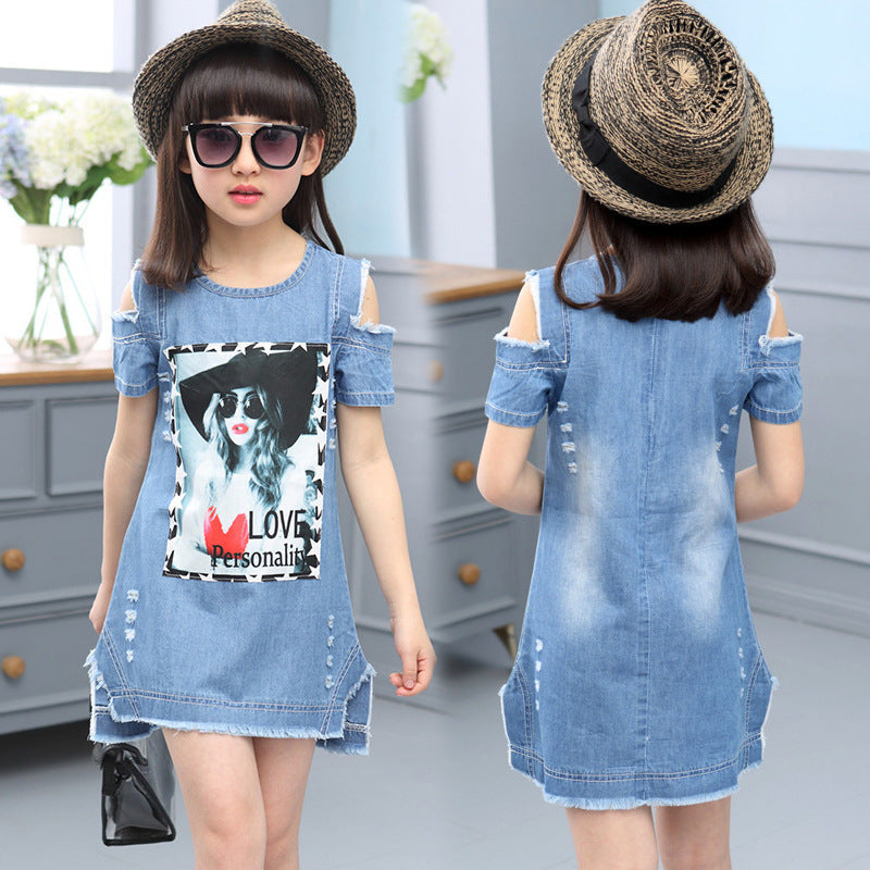 Children's casual cartoon print denim strapless dress