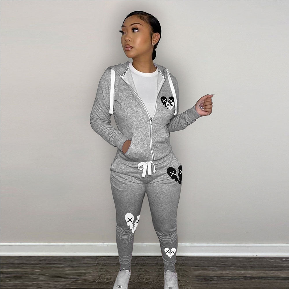 Zipper Printed Casual Hooded Sweater Set