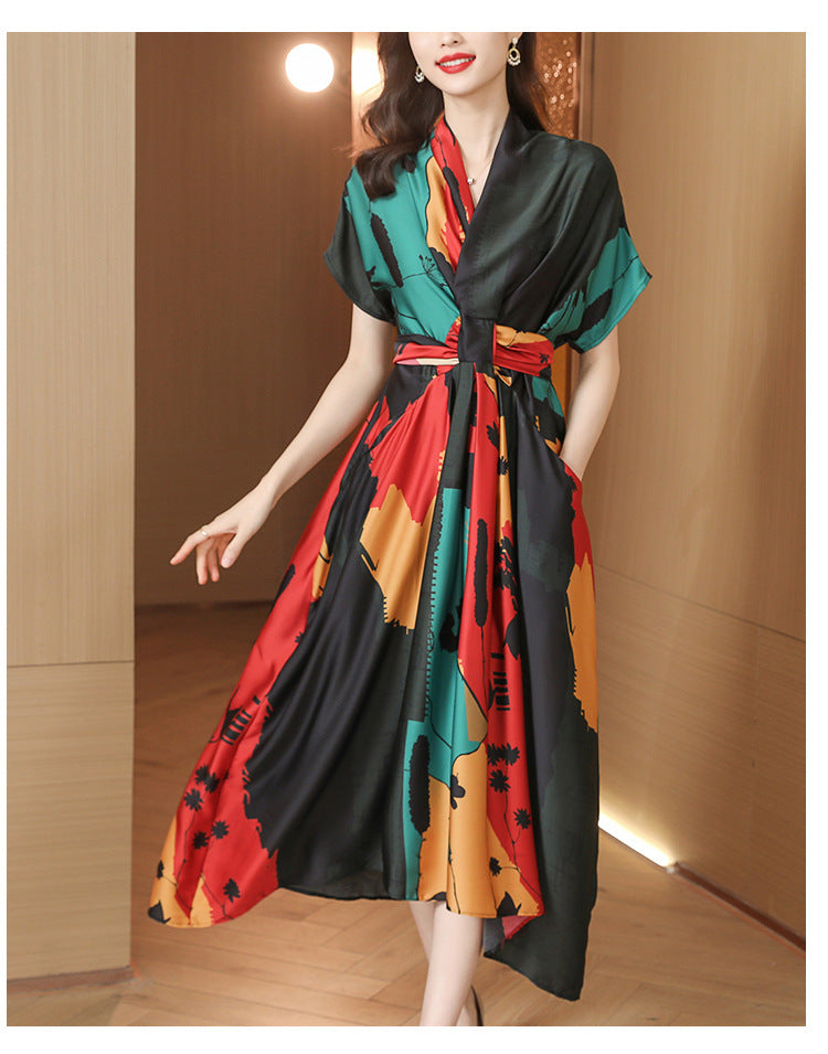 Simple Women's Clothing Short Sleeve Printed Large Swing Dress