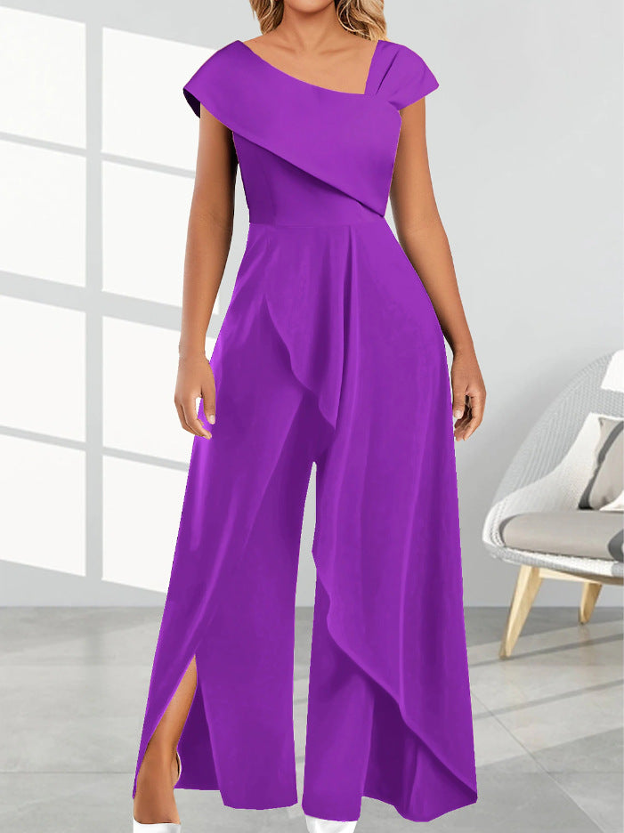Women's Fashion Temperament Diagonal Collar Solid Color Jumpsuit ShopWithASmile7.com