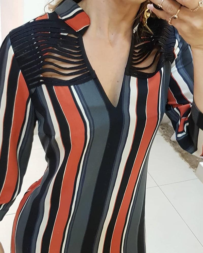 Women's Retro Ladies Cutting Bandage Hit Color Striped Shirt Dress