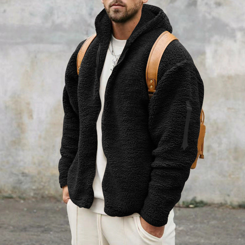 Plush Hooded Jacket Men's Autumn And Winter Fleece Double-sided Wear Warm Coat With Zipper Loose Casual Jacket Outdoor Clothing ShopWithASmile7.com