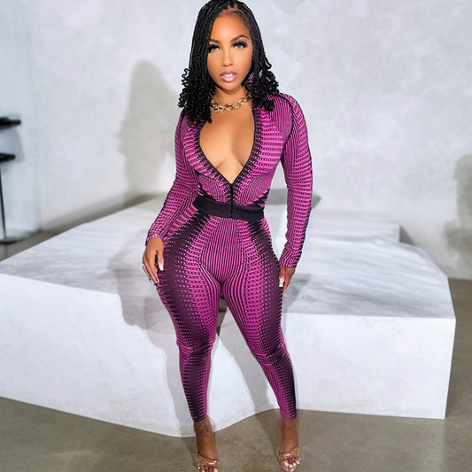 Fashion Long Sleeve Striped Printed High Waist Suit Women