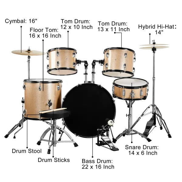 Full Size Drum Set 5-Piece Two Tom Drum, Snare Drum, Floor Tom