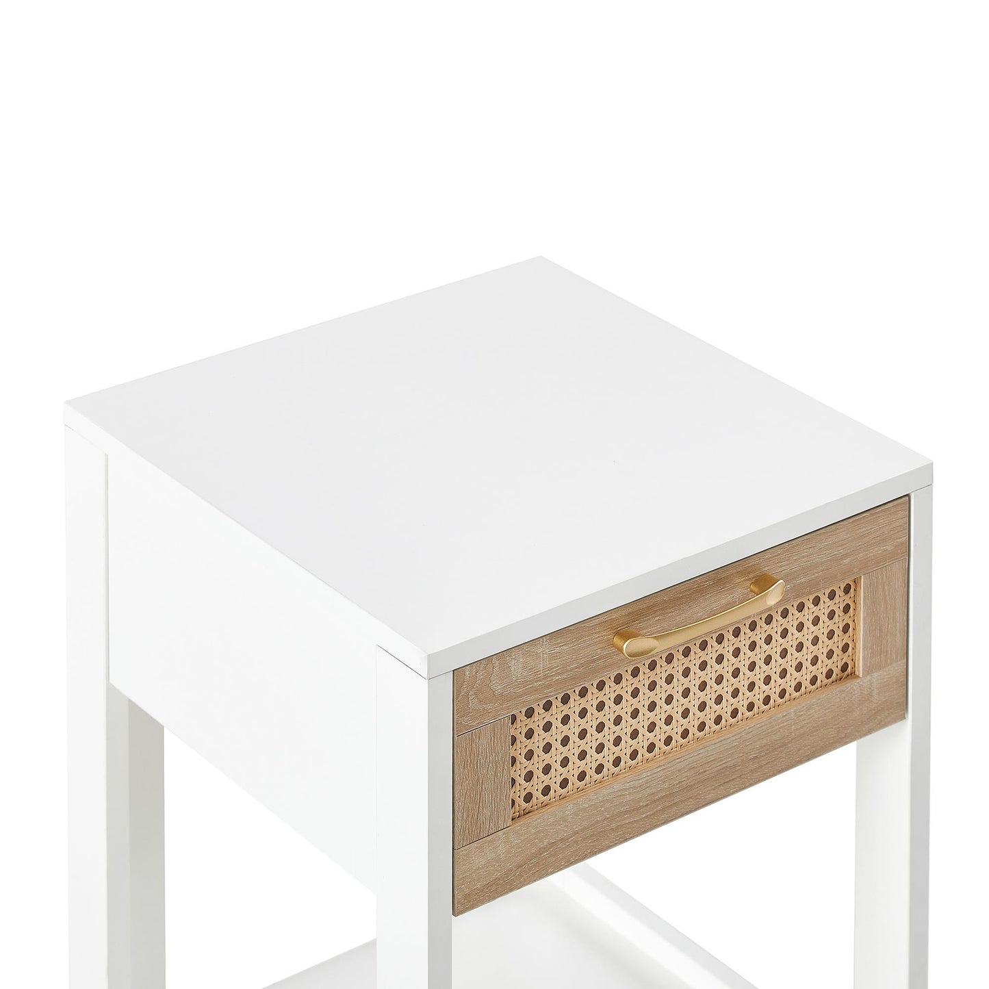 15.75-Inch Rattan Side Table with Drawers – Modern Bedside Table for Living Room or Bedroom, White