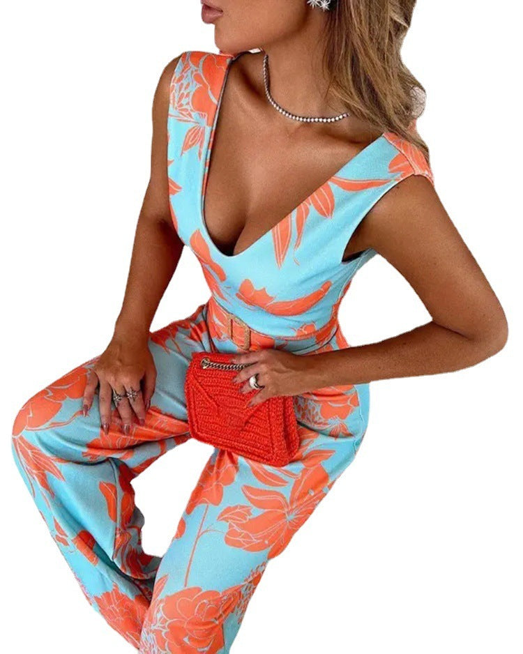Women's Printed V-Neck Sleeveless Slim Bodysuit