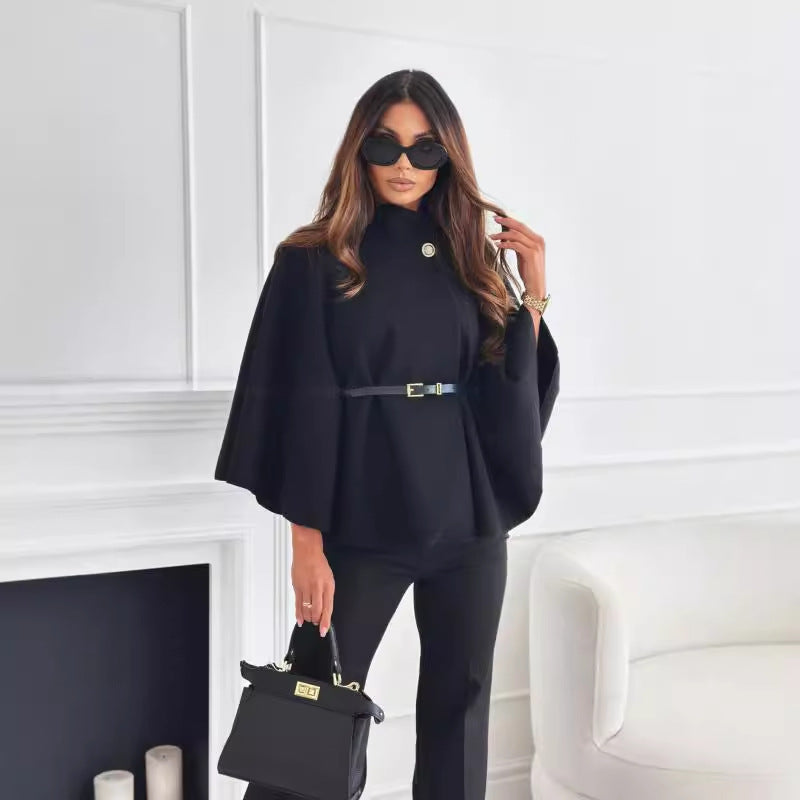 New Stand Collar Batwing Sleeves Cloak Top With Belt Ins Fashion Temperament Jacket Woolen Sweater Outwear For Women Clothing My Store