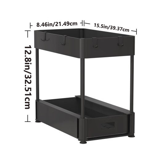 2PC Under Sink Organizer Rack 2 Tier Under Sliding Cabinet Basket Organizer Drawer With 4 Hooks, Multi-purpose Under Sink Storage For Bathroom Kitchen Desktop Black