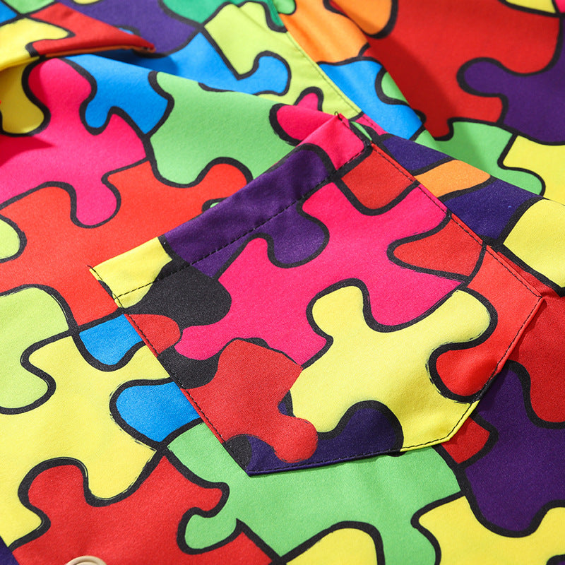 Retro Puzzle Color Print Short-sleeved Shirt