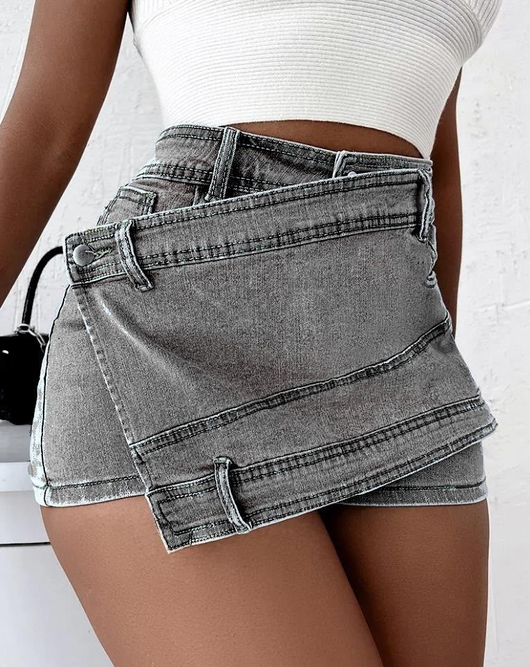 Y2K Street Vintage Denim Shorts Stretch Overlap Waist Wrap Solid Asymmetrical Hem A-Line Skinny Mini Skorts Skirt ShopWithASmile7.com