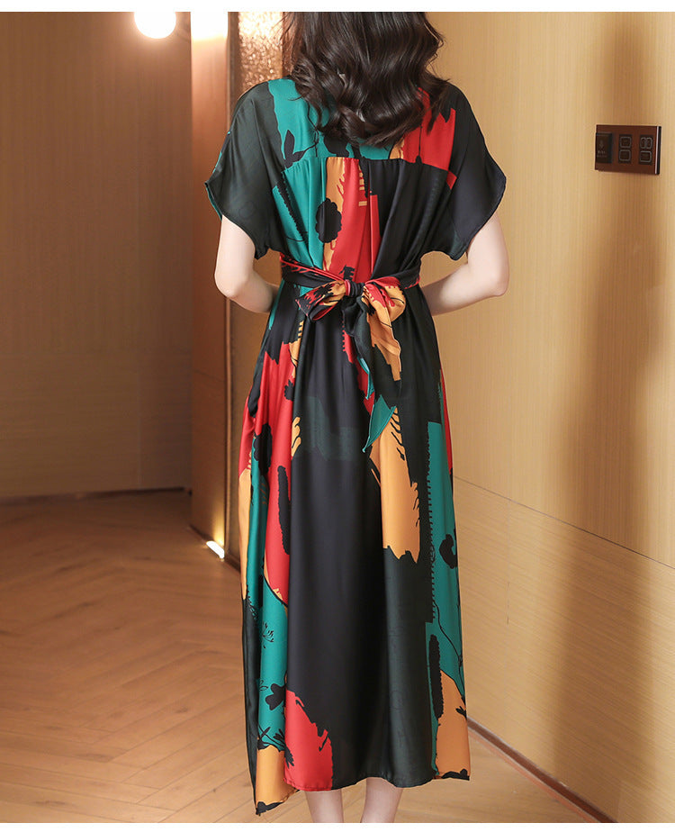 Simple Women's Clothing Short Sleeve Printed Large Swing Dress