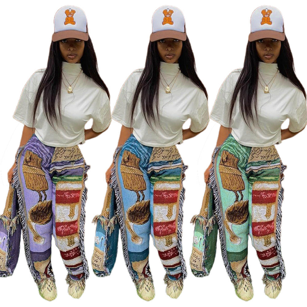 Fashion Loose Color Pattern Tassel Women's Trousers
