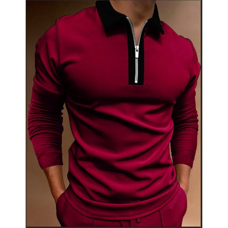 European And American Men's Zipper Stitching Lapel T-shirt