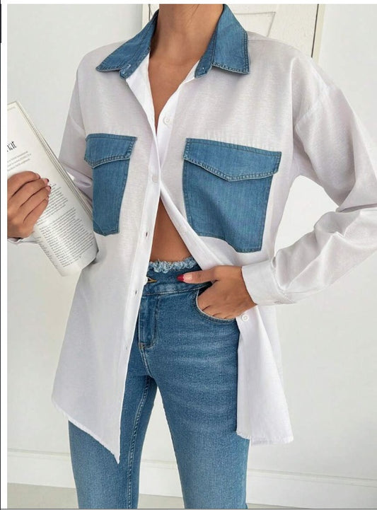 OVERSIZE WHITE SHIRT WITH DENIM POCKET DETAIL ShopWithASmile7.com