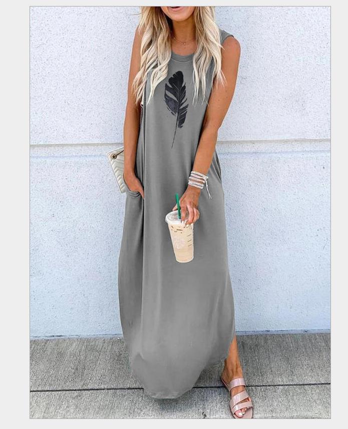 Women's Round Neck Short Sleeve Loose Mid Length Dress
