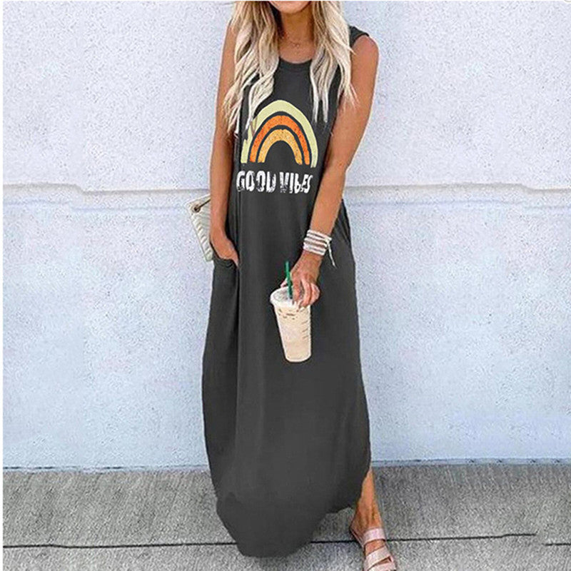 Women's Round Neck Short Sleeve Loose Mid Length Dress