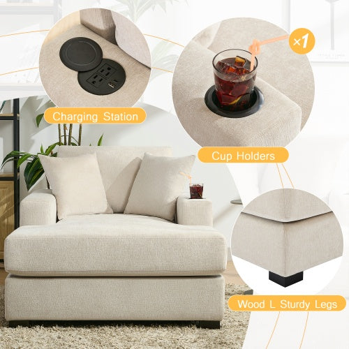 43.5 Oversized Chaise Lounger Modern Style Sofa Couch ,with Pillows, Charge Station Cup Holders, Chenille Fabric