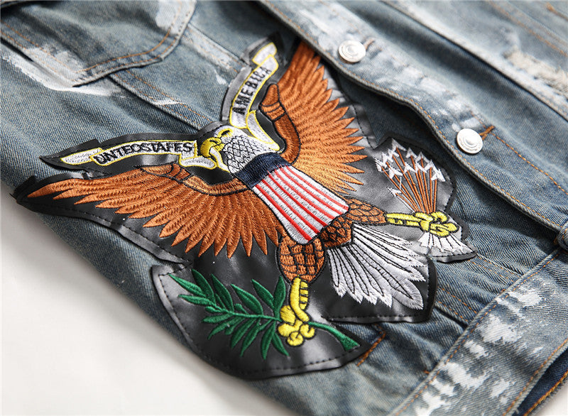 Embroidered Lapel Men's Casual Denim Jacket