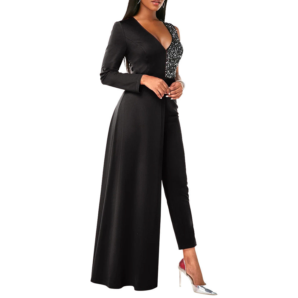 V-neck Sequin Covered Hip Plus Size Jumpsuit ShopWithASmile7.com