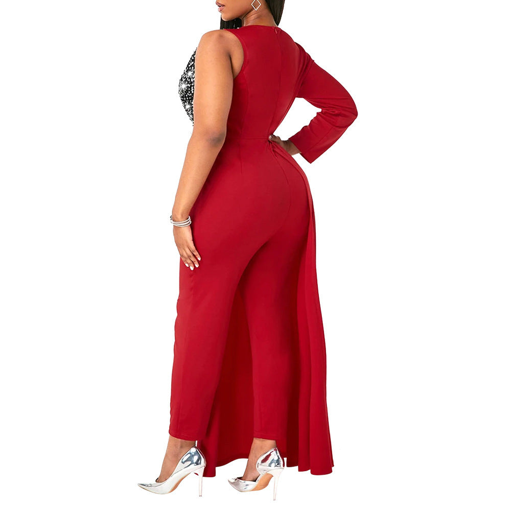 V-neck Sequin Covered Hip Plus Size Jumpsuit ShopWithASmile7.com