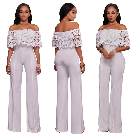 Sexy Tight One-neck Water-soluble Embroidered Jumpsuit ShopWithASmile7.com