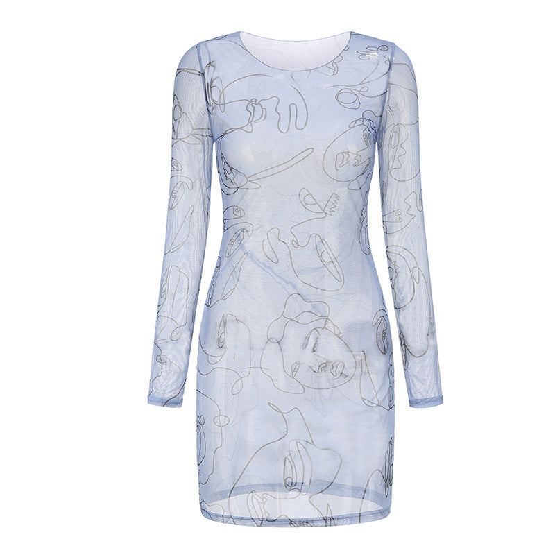 Women's Round Neck Long Sleeve Art Graffiti Slim Dress
