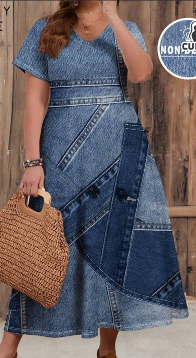 Plus Size Women's Casual Patchwork Pattern V-Neck Short Sleeve Dress, Suitable For Spring Autumn ShopWithASmile7.com