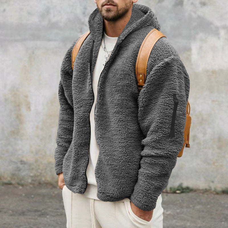 Plush Hooded Jacket Men's Autumn And Winter Fleece Double-sided Wear Warm Coat With Zipper Loose Casual Jacket Outdoor Clothing ShopWithASmile7.com