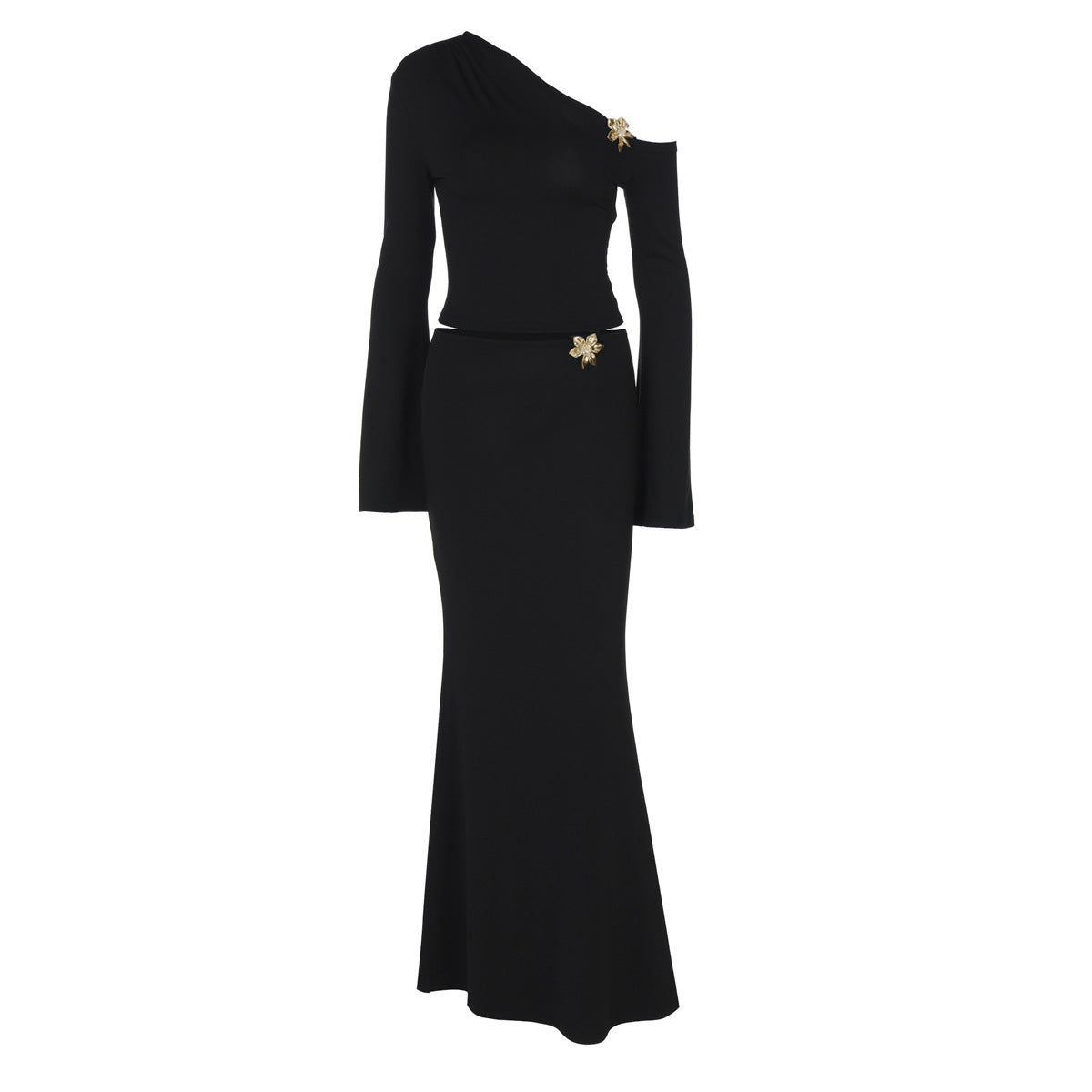 Sexy Slim Oblique Shoulder Skirt Suit With Flower Fashion Bell Sleeve Long Sleeve Top And High Waist Long Skirt Women Clothing ShopWithASmile7.com