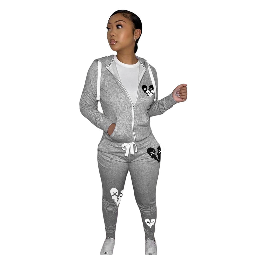 Zipper Printed Casual Hooded Sweater Set