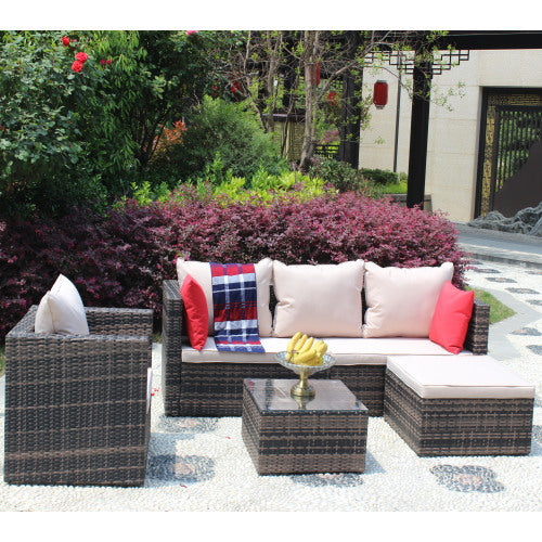 Rattan Patio Furniture Set Wicker Sofa Cushioned Sectional Furniture Set Garden Patio Sofa Set 4 Pieces, Brown ShopWithASmile7.com