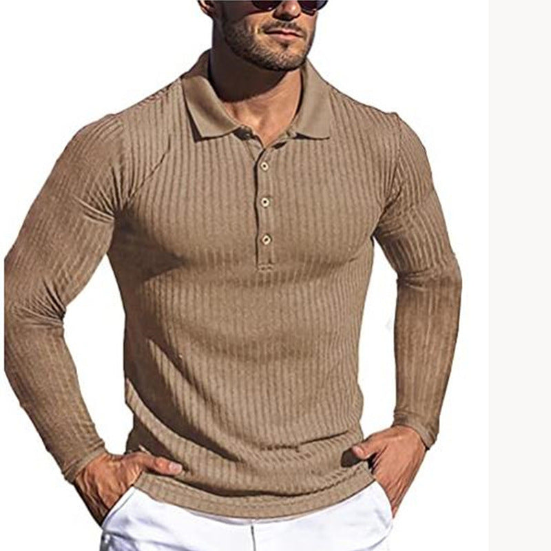 Men's Running Sports Fitness High Stretch Striped Long Sleeve POLO Shirt