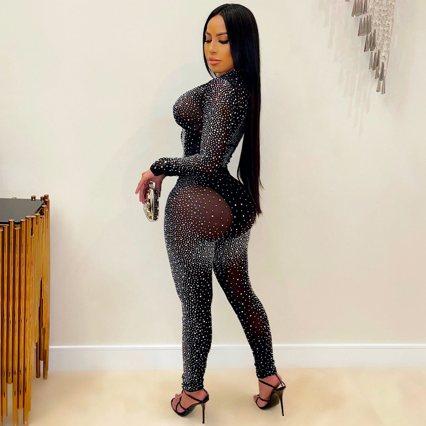 Women's Tight Mesh See-Through Long Sleeve Hot Drill Two Piece Pants Set